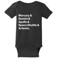 NASA Space Programs Mercury Gemini Apollo Shuttle Artemis Baby Bodysuit