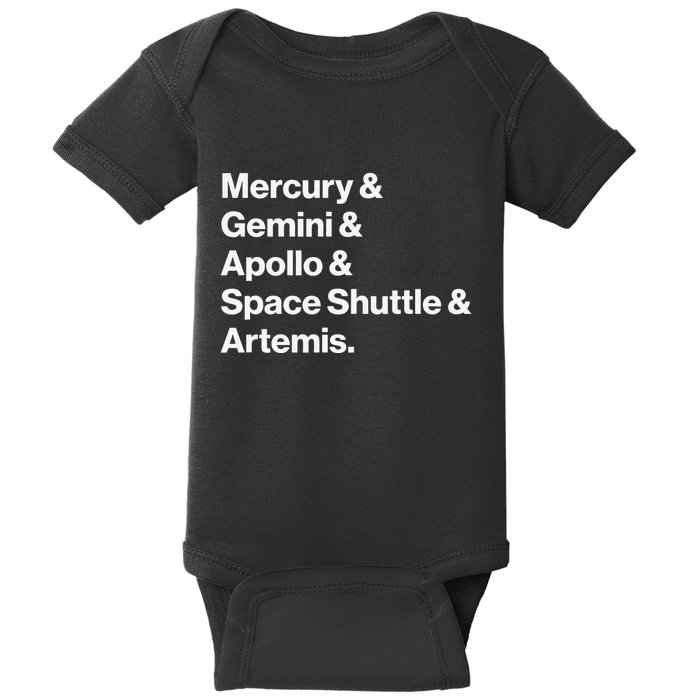 NASA Space Programs Mercury Gemini Apollo Shuttle Artemis Baby Bodysuit