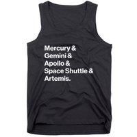 NASA Space Programs Mercury Gemini Apollo Shuttle Artemis Tank Top