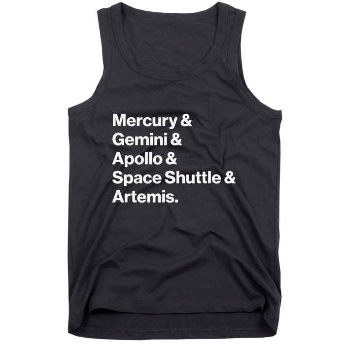 NASA Space Programs Mercury Gemini Apollo Shuttle Artemis Tank Top