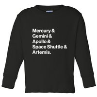 NASA Space Programs Mercury Gemini Apollo Shuttle Artemis Toddler Long Sleeve Shirt