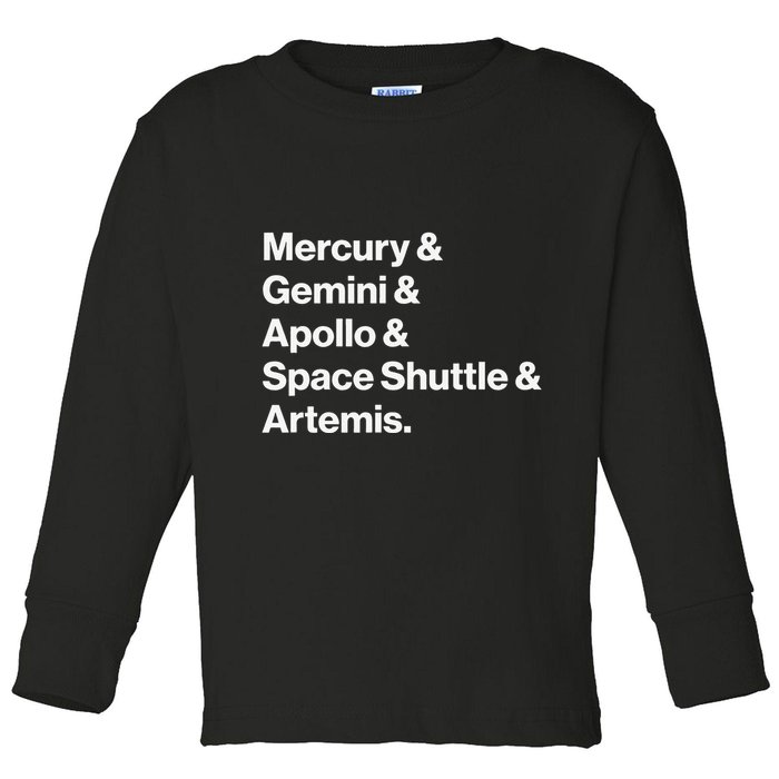 NASA Space Programs Mercury Gemini Apollo Shuttle Artemis Toddler Long Sleeve Shirt