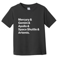 NASA Space Programs Mercury Gemini Apollo Shuttle Artemis Toddler T-Shirt