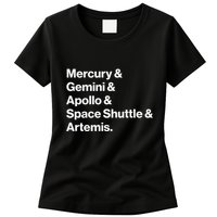 NASA Space Programs Mercury Gemini Apollo Shuttle Artemis Womens T-Shirt