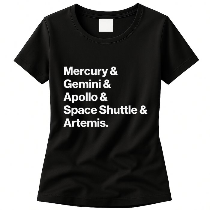 NASA Space Programs Mercury Gemini Apollo Shuttle Artemis Womens T-Shirt