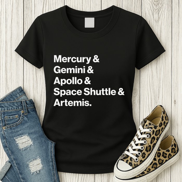NASA Space Programs Mercury Gemini Apollo Shuttle Artemis Womens T-Shirt