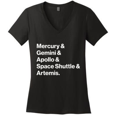 NASA Space Programs Mercury Gemini Apollo Shuttle Artemis Women's V-Neck T-Shirt