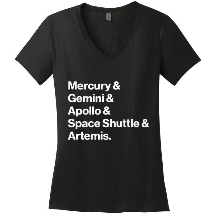 NASA Space Programs Mercury Gemini Apollo Shuttle Artemis Women's V-Neck T-Shirt
