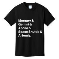 NASA Space Programs Mercury Gemini Apollo Shuttle Artemis Kids T-Shirt