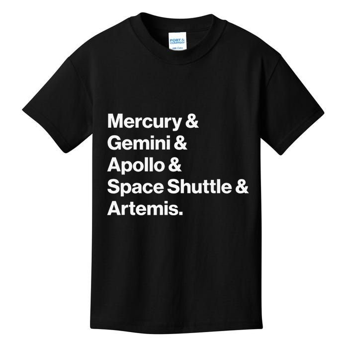NASA Space Programs Mercury Gemini Apollo Shuttle Artemis Kids T-Shirt