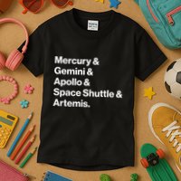 NASA Space Programs Mercury Gemini Apollo Shuttle Artemis Kids T-Shirt