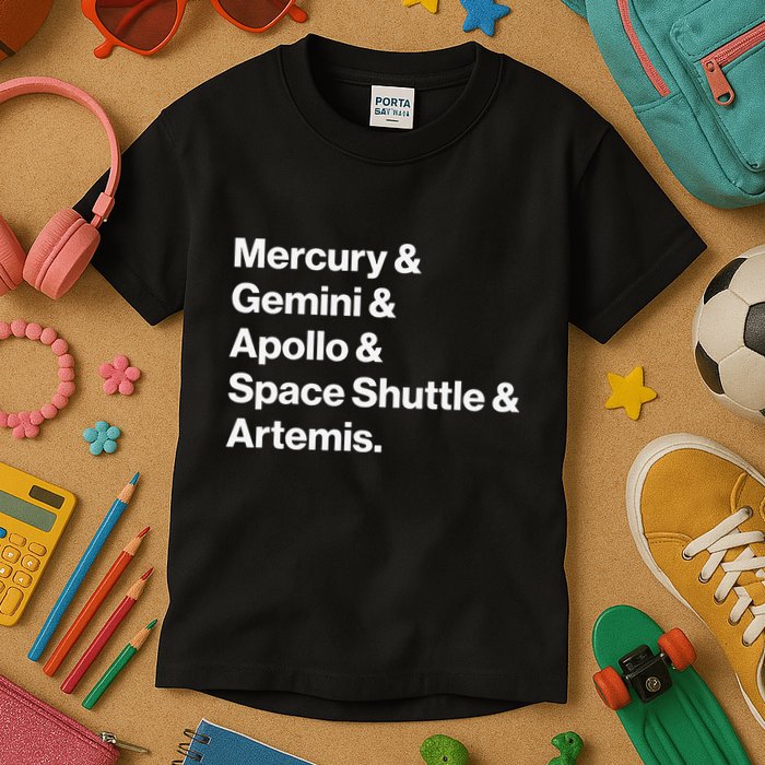NASA Space Programs Mercury Gemini Apollo Shuttle Artemis Kids T-Shirt