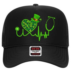 Nurse St Patricks Day Stethoscope Heartbeat Clover High Crown Mesh Back Trucker Hat