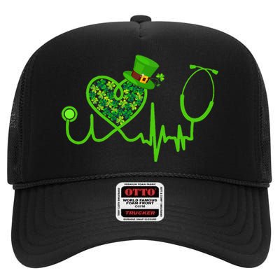 Nurse St Patricks Day Stethoscope Heartbeat Clover High Crown Mesh Back Trucker Hat