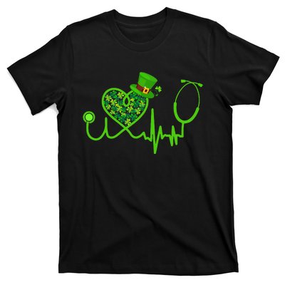 Nurse St Patricks Day Stethoscope Heartbeat Clover T-Shirt