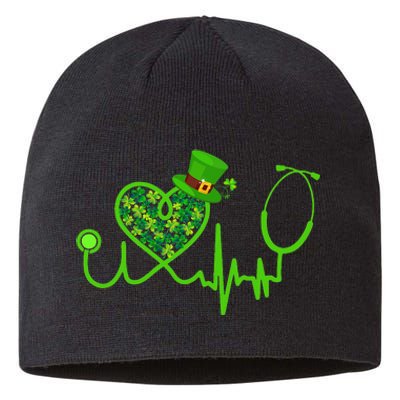 Nurse St Patricks Day Stethoscope Heartbeat Clover Sustainable Beanie