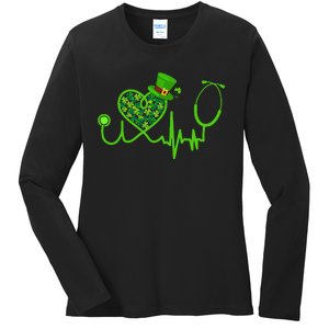 Nurse St Patricks Day Stethoscope Heartbeat Clover Ladies Long Sleeve Shirt