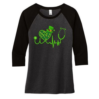 Nurse St Patricks Day Stethoscope Heartbeat Clover Women's Tri-Blend 3/4-Sleeve Raglan Shirt