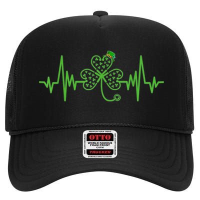 Nurse St Patricks Dayekg Shamrock Heart Beat High Crown Mesh Back Trucker Hat