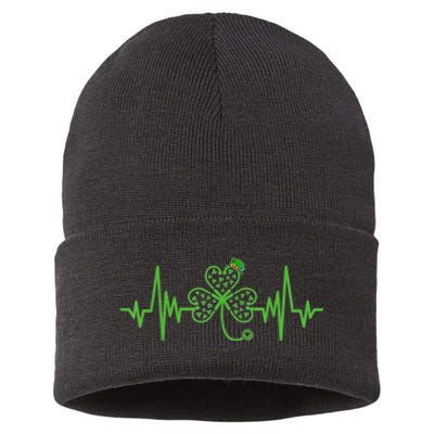 Nurse St Patricks Dayekg Shamrock Heart Beat Sustainable Knit Beanie