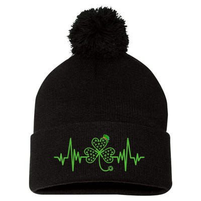 Nurse St Patricks Dayekg Shamrock Heart Beat Pom Pom 12in Knit Beanie