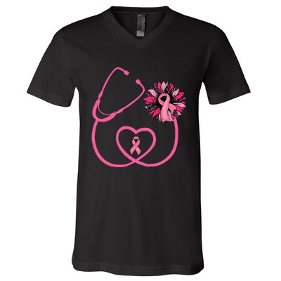 Nurse Sunflower P.I.N.K Ribbon Breast Cancer Awareness V-Neck T-Shirt