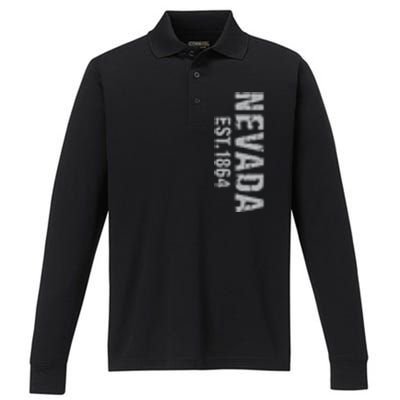 Nevada State Patriotic American Usa Cool Distressed Design Performance Long Sleeve Polo