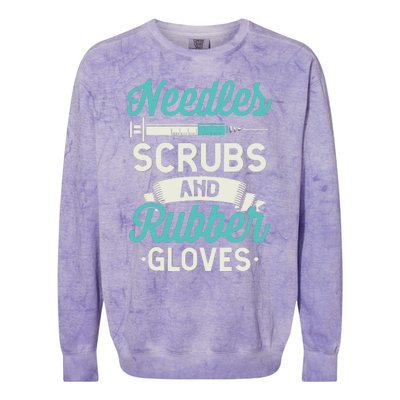 Needles Scrubs Rubber Gloves Funny RN Phlebotomy Nurse Colorblast Crewneck Sweatshirt