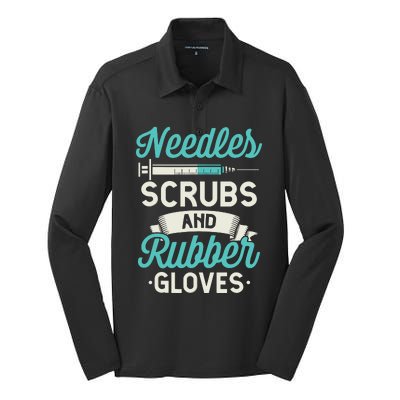 Needles Scrubs Rubber Gloves Funny RN Phlebotomy Nurse Silk Touch Performance Long Sleeve Polo