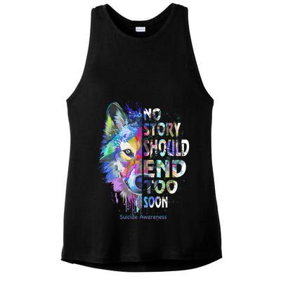No Story Should End Too Soon Suicide Awareness Teal Wolf Ladies PosiCharge Tri-Blend Wicking Tank