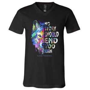 No Story Should End Too Soon Suicide Awareness Teal Wolf V-Neck T-Shirt