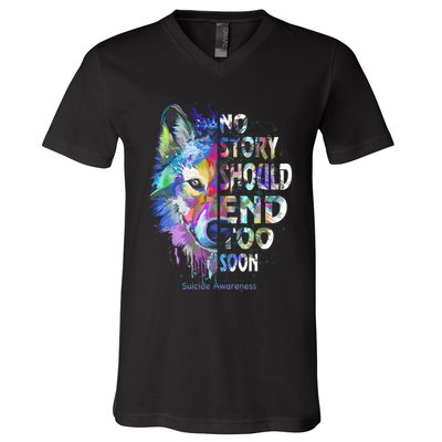 No Story Should End Too Soon Suicide Awareness Teal Wolf V-Neck T-Shirt