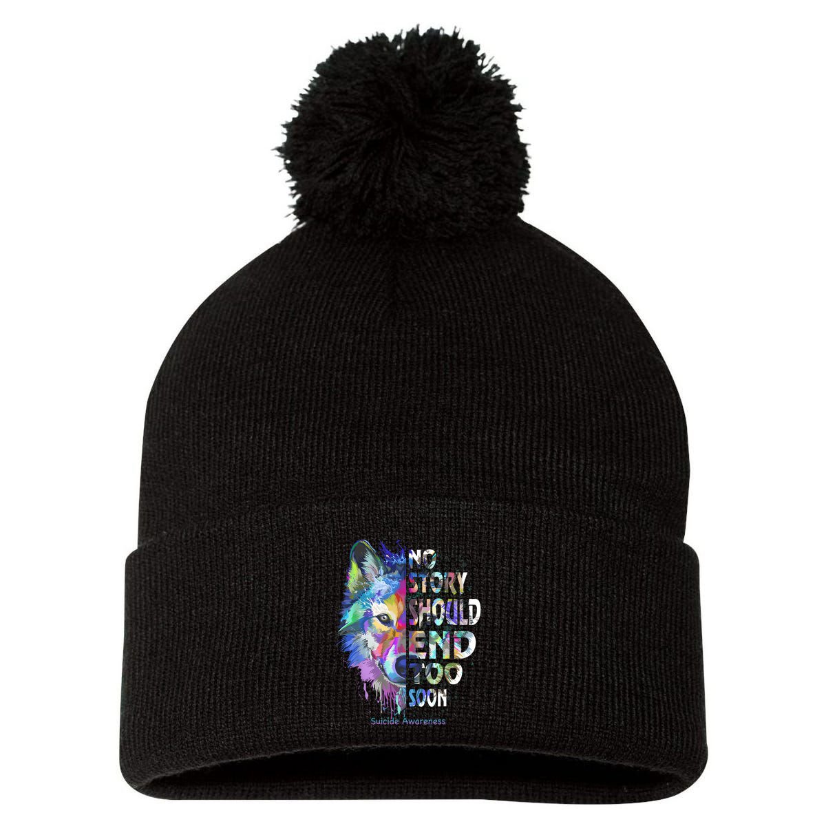 No Story Should End Too Soon Suicide Awareness Teal Wolf Pom Pom 12in Knit Beanie