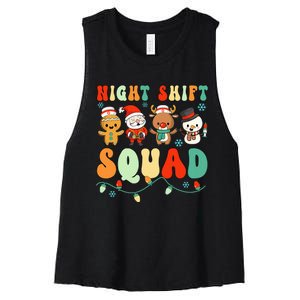 Night Shift Squad Gingerbread Santa Reindeer Snowman Xmas Women's Racerback Cropped Tank