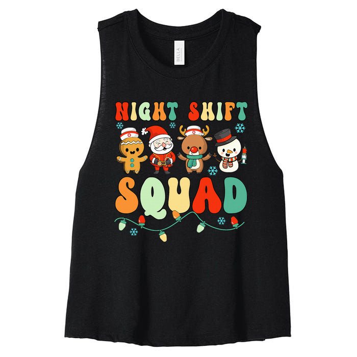 Night Shift Squad Gingerbread Santa Reindeer Snowman Xmas Women's Racerback Cropped Tank