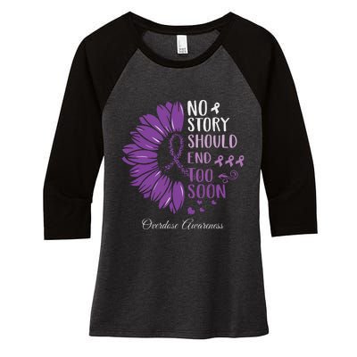 No Story Should End Too Soon Overdose Purple Ribbon Women's Tri-Blend 3/4-Sleeve Raglan Shirt