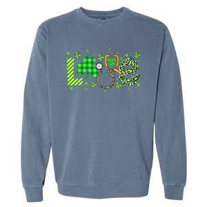 Nurse Shamrock St Patricks Day Leopard Stethoscope Nursing Funny Gift Garment-Dyed Sweatshirt