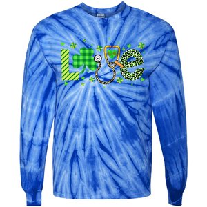 Nurse Shamrock St Patricks Day Leopard Stethoscope Nursing Funny Gift Tie-Dye Long Sleeve Shirt