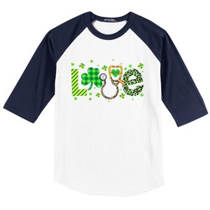 Nurse Shamrock St Patricks Day Leopard Stethoscope Nursing Funny Gift Baseball Sleeve Shirt