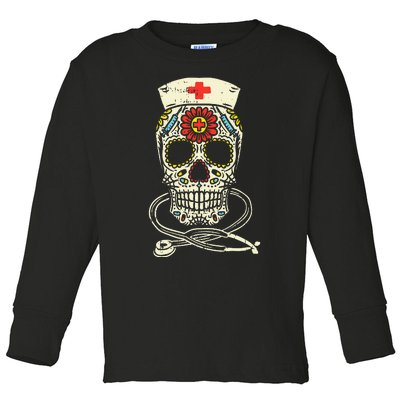 Nurse Sugar Skull Stethoscope RN Medical Halloween Costume Toddler Long Sleeve Shirt