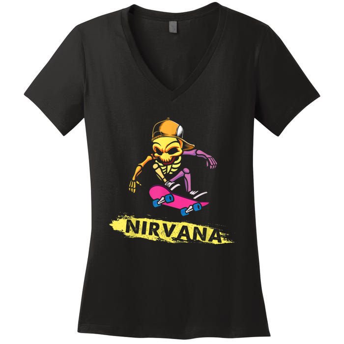 Nirvanas Skateboard Skelton Women's V-Neck T-Shirt