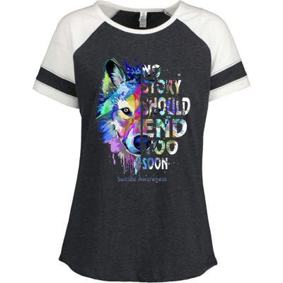 No Story Should End Too Soon Suicide Awareness Teal Wolf Enza Ladies Jersey Colorblock Tee