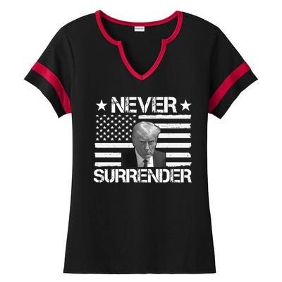 Never Surrender Trump American Flag Ladies Halftime Notch Neck Tee