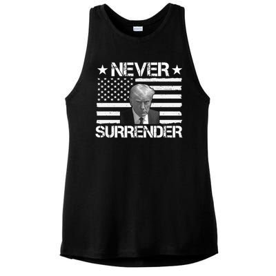 Never Surrender Trump American Flag Ladies PosiCharge Tri-Blend Wicking Tank