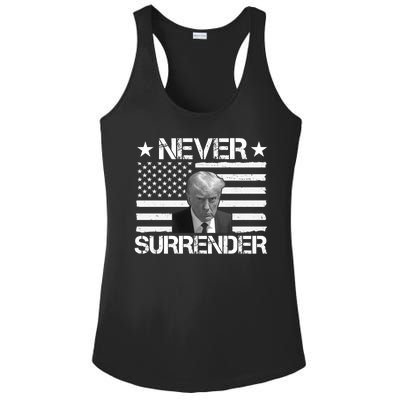 Never Surrender Trump American Flag Ladies PosiCharge Competitor Racerback Tank