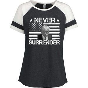 Never Surrender Trump American Flag Enza Ladies Jersey Colorblock Tee