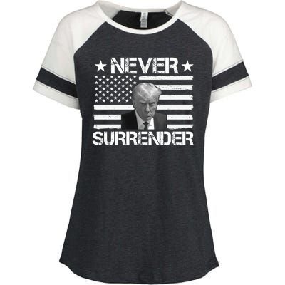 Never Surrender Trump American Flag Enza Ladies Jersey Colorblock Tee