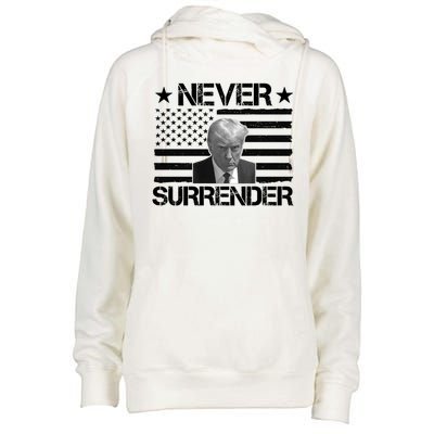 Never Surrender Trump American Flag Womens Funnel Neck Pullover Hood