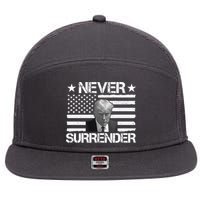 Never Surrender Trump American Flag 7 Panel Mesh Trucker Snapback Hat