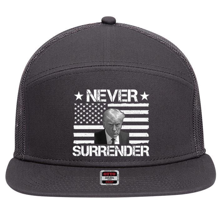 Never Surrender Trump American Flag 7 Panel Mesh Trucker Snapback Hat